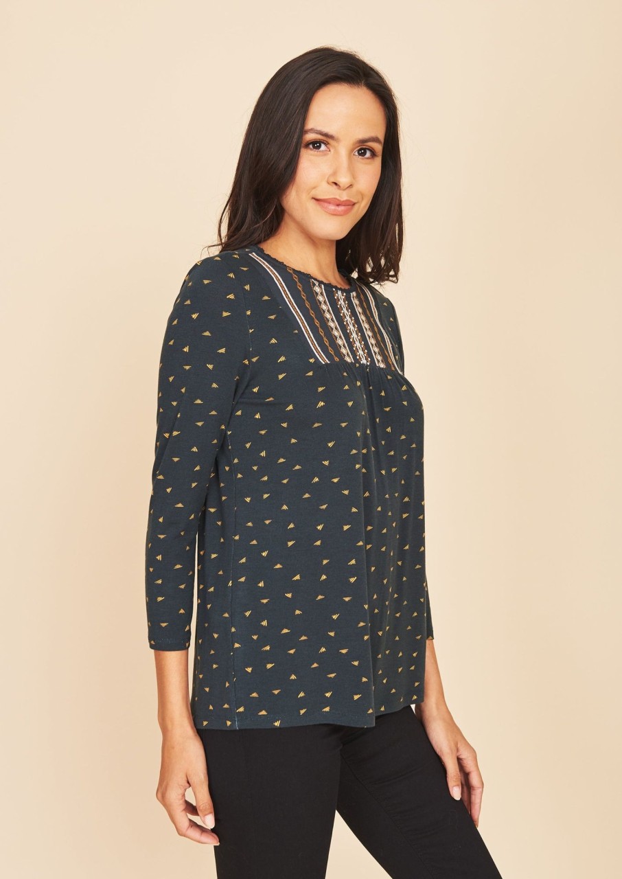 Women Daniel Rainn | Jasmine Embroidered 3/4 Sleeve Knit Top | Daniel Rainn L245 Dark Teal