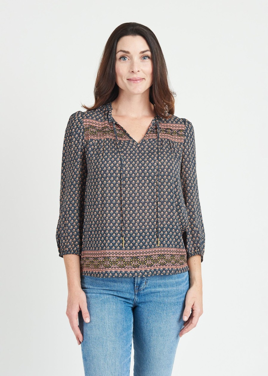 Women Daniel Rainn | Esperanza Long Sleeve Top With Split-Neck And Tassels N064N Collegiate Blue