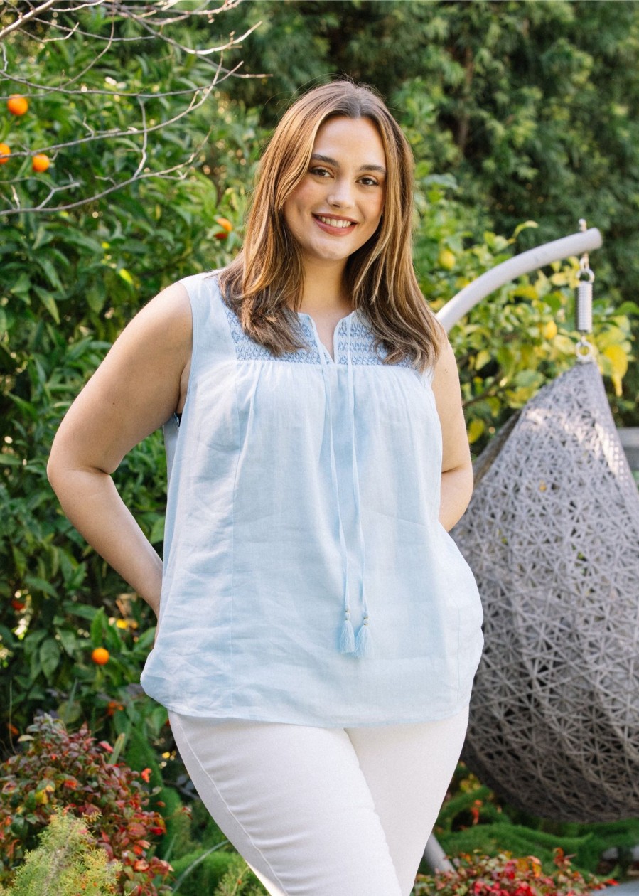 Curvy Daniel Rainn | Valeria Smocked Sleeveless Tank (Plus Size) Light Blue