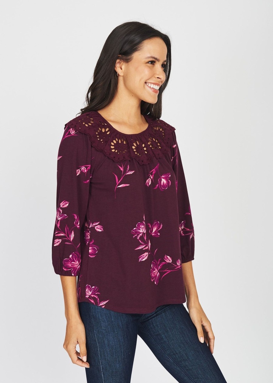 Women Daniel Rainn | Francesca Floral Knit Top Darkmagenta