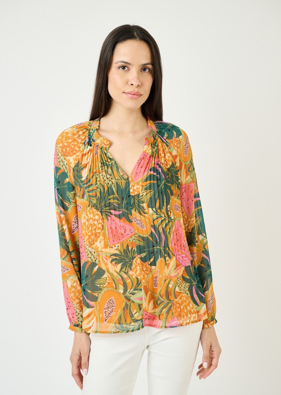 Women Daniel Rainn | Elle Pleated Papaya Print Top N544 Papaya