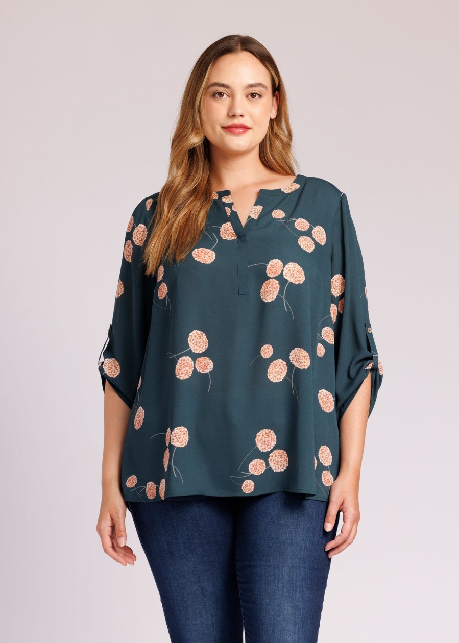 Curvy Daniel Rainn | Gabriella 3/4 Roll-Tab Sleeve Blouse (Plus Size) B226 Dark Teal