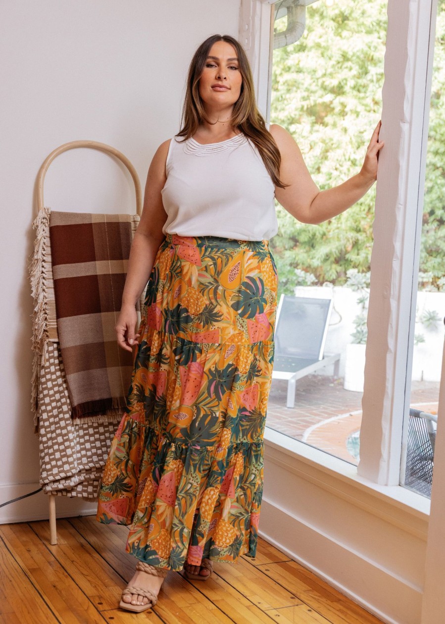 Curvy Daniel Rainn | Lana Papaya Print Maxi Skirt (Plus Size) N544 Papaya