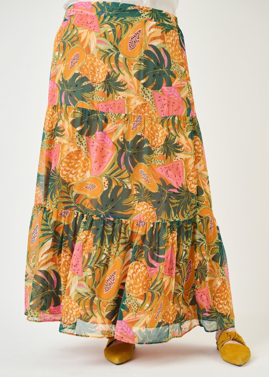 Curvy Daniel Rainn | Lana Papaya Print Maxi Skirt (Plus Size) N544 Papaya