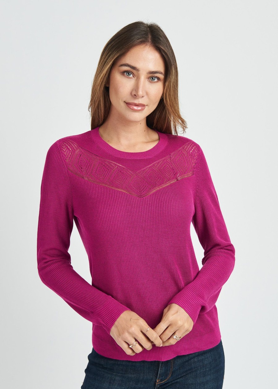 Women Daniel Rainn | Tenley Pullover Sweater With Crochet Yoke Fuchsia Pink