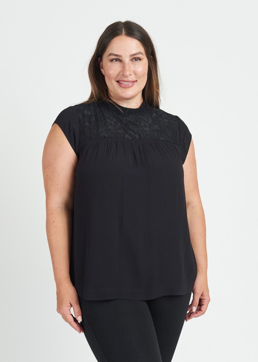 Curvy Daniel Rainn | Tatiana Cap Sleeve Blouse With Lace Yoke (Plus Size) Black