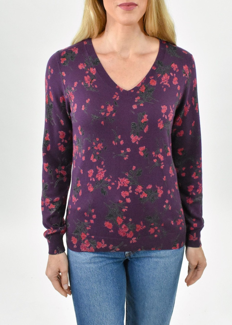 Women Daniel Rainn | Harleigh Floral V-Neck Sweater O409 Plum