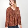 Women Daniel Rainn | Bailey Leopard Print Blouse- Henley Pleated Neck | Daniel Rainn 5489 Spice