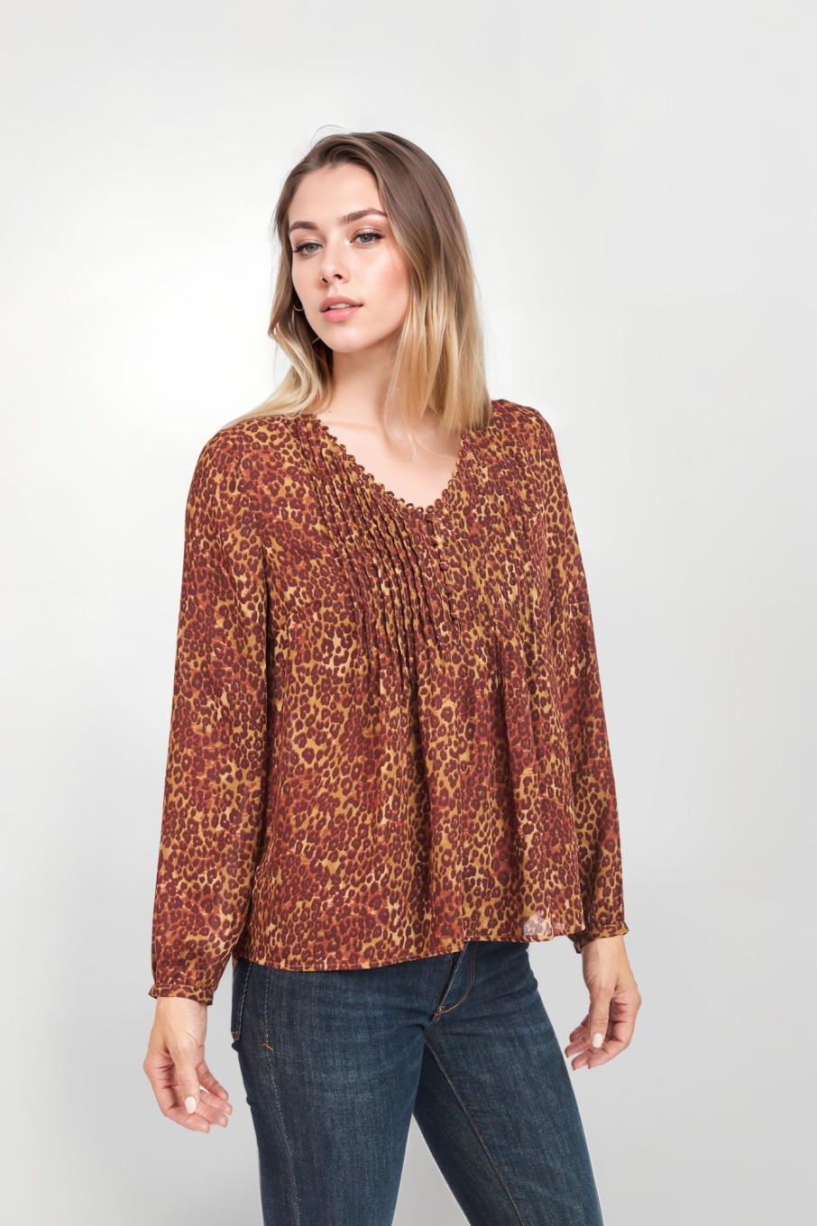 Women Daniel Rainn | Bailey Leopard Print Blouse- Henley Pleated Neck | Daniel Rainn 5489 Spice