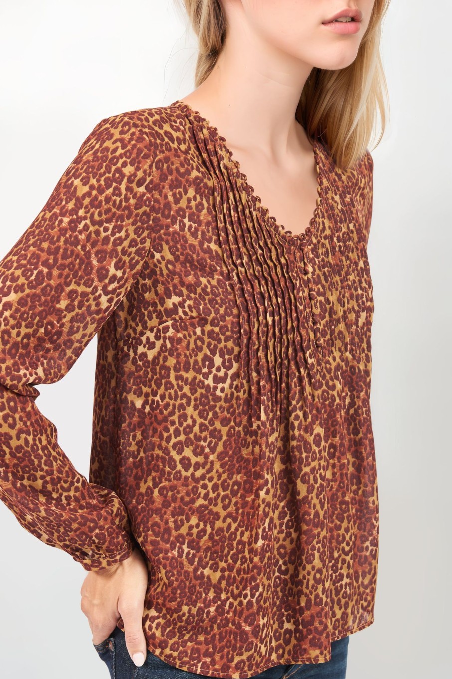 Women Daniel Rainn | Bailey Leopard Print Blouse- Henley Pleated Neck | Daniel Rainn 5489 Spice