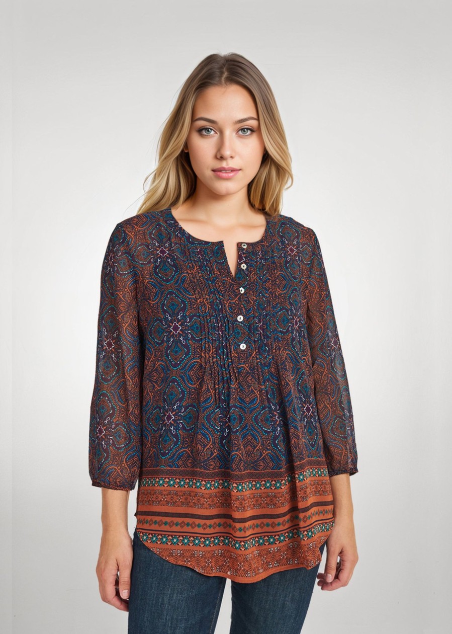 Women Daniel Rainn | Harriet 3/4 Sleeve Boho Tunic Top E339N Indigo