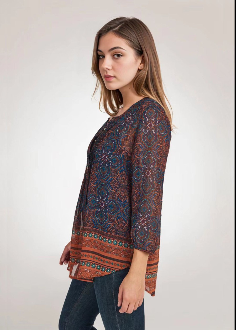 Women Daniel Rainn | Harriet 3/4 Sleeve Boho Tunic Top E339N Indigo