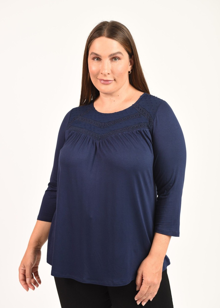 Curvy Daniel Rainn | Maeve Knit Top With Lace Yoke (Plus Size) Indigo