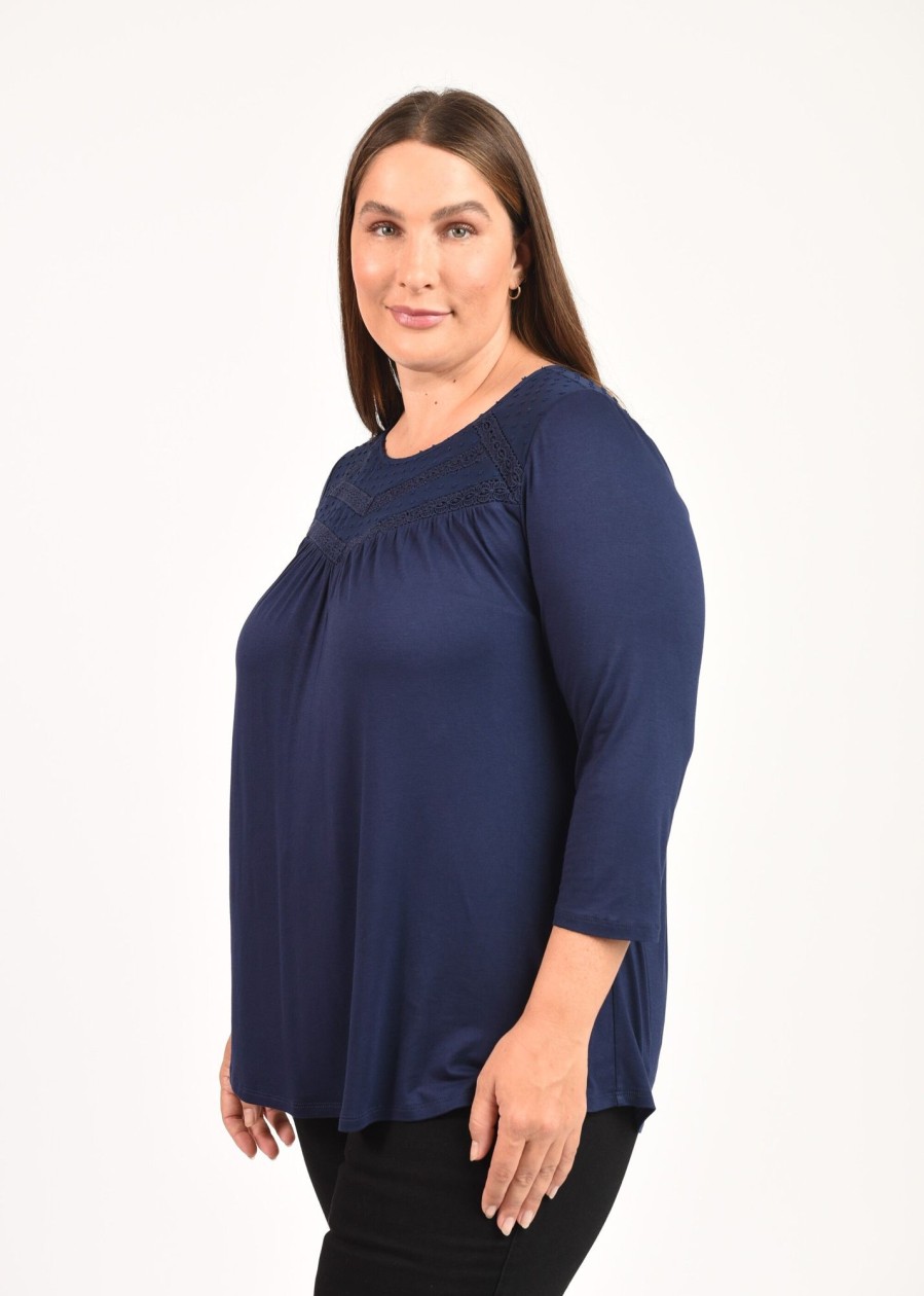 Curvy Daniel Rainn | Maeve Knit Top With Lace Yoke (Plus Size) Indigo