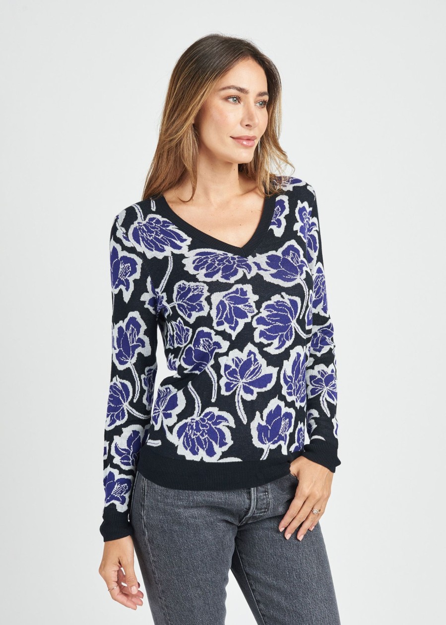 Women Daniel Rainn | Holland Floral V-Neck Pullover N094 Black