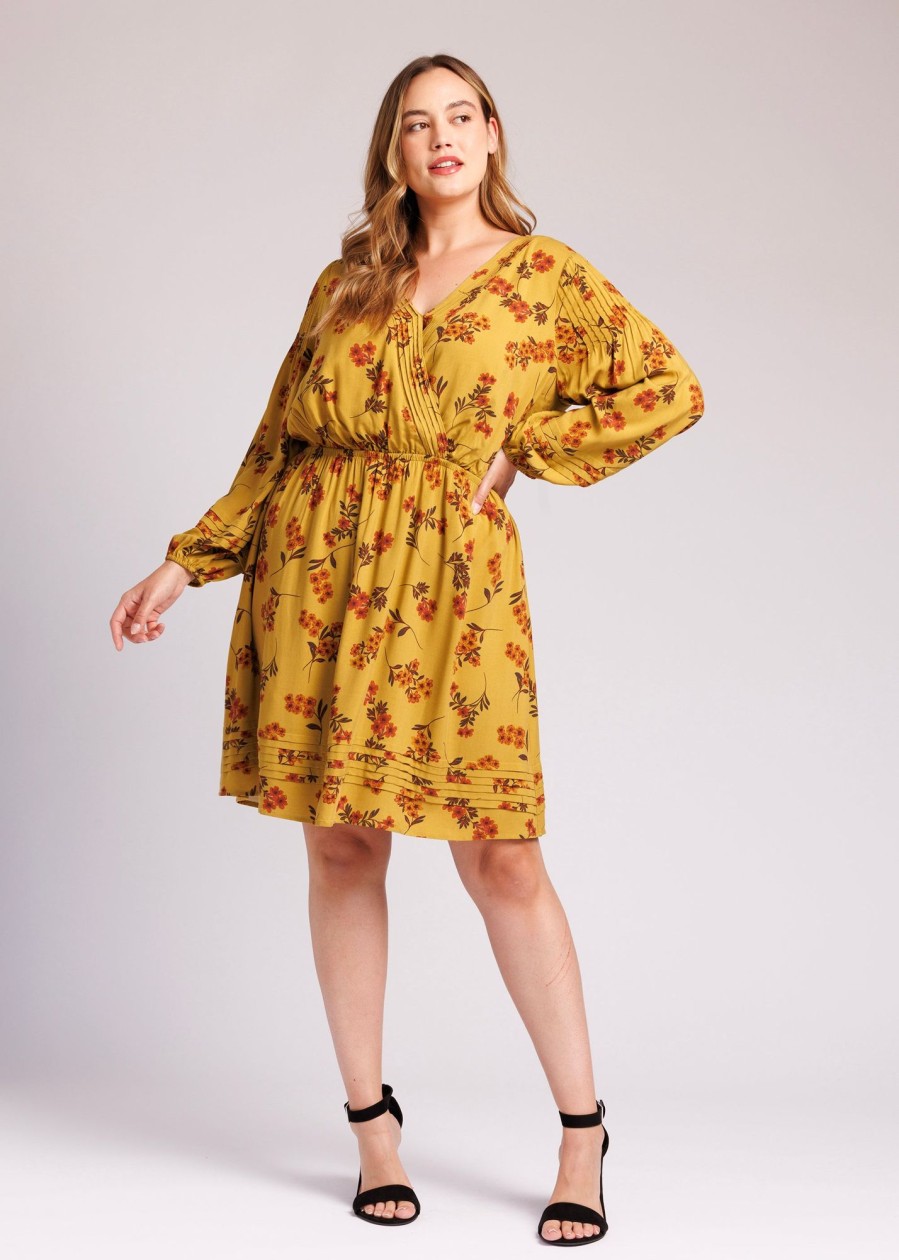 Curvy Daniel Rainn | Catherine Long Sleeve Floral Dress (Plus Size) O314 Yellow