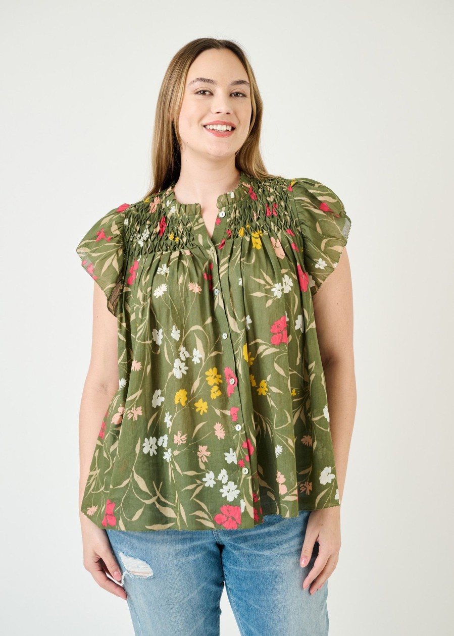 Curvy Daniel Rainn | Marissa Smocked Floral Top (Plus Size) N686 Green