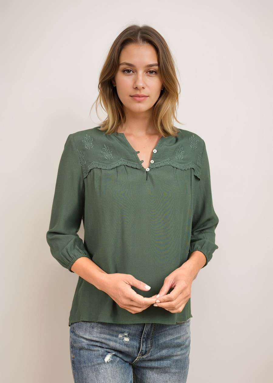 Women Daniel Rainn | Buy Freyja Henley Blouse With Long Sleeves | Daniel Rainn Emerald Jewel