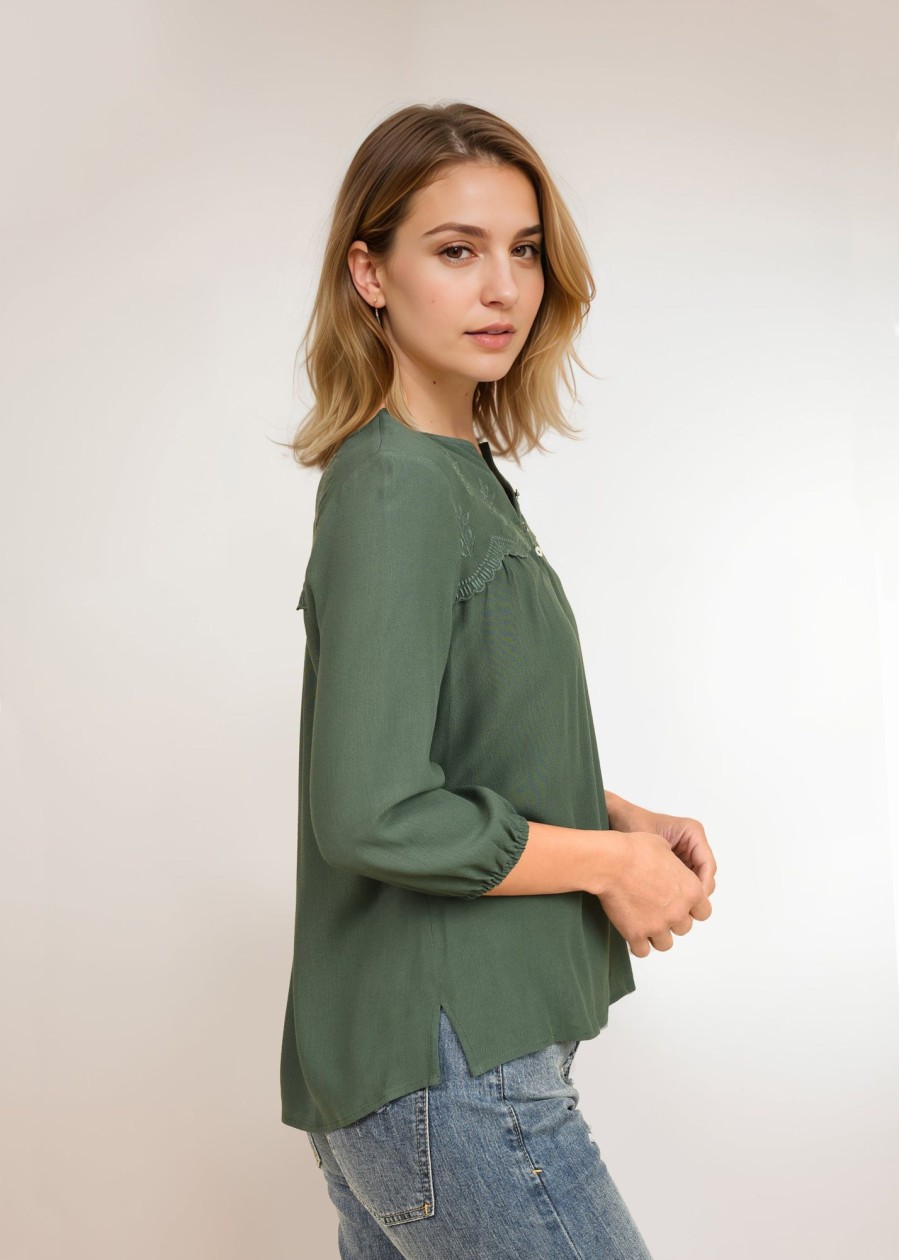 Women Daniel Rainn | Buy Freyja Henley Blouse With Long Sleeves | Daniel Rainn Emerald Jewel