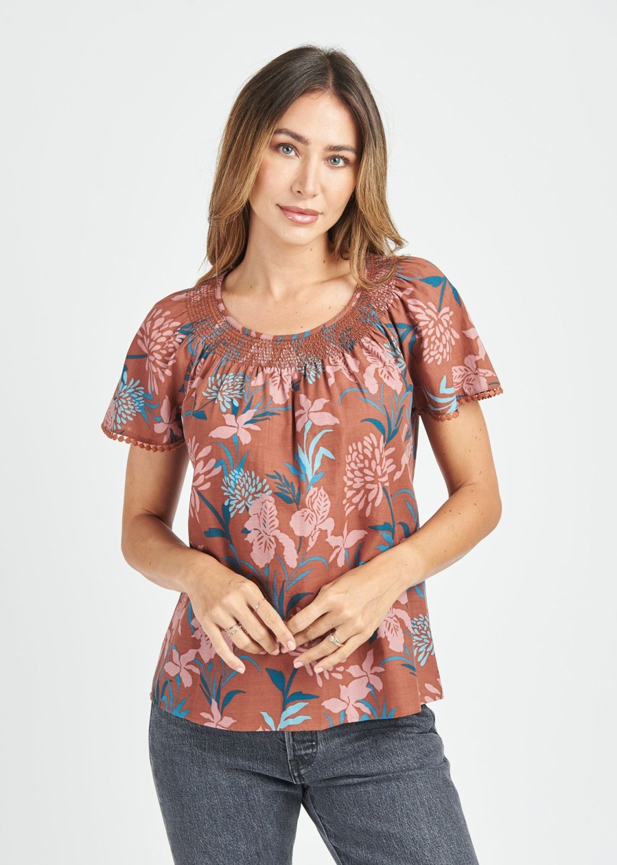 Women Daniel Rainn | Aisha Floral Short Sleeve Blouse N041 Burnt Henna