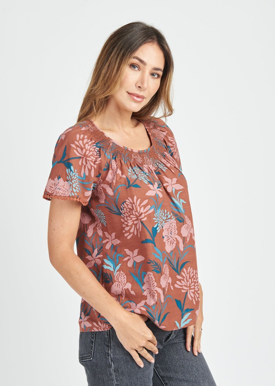 Women Daniel Rainn | Aisha Floral Short Sleeve Blouse N041 Burnt Henna