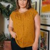 Curvy Daniel Rainn | Hazel Smocked Top With Split V-Neck (Plus Size) M974 Gold