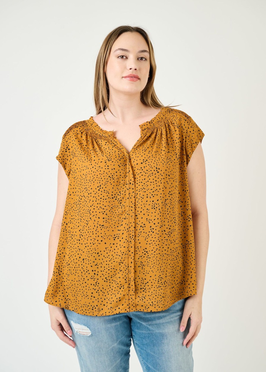 Curvy Daniel Rainn | Hazel Smocked Top With Split V-Neck (Plus Size) M974 Gold