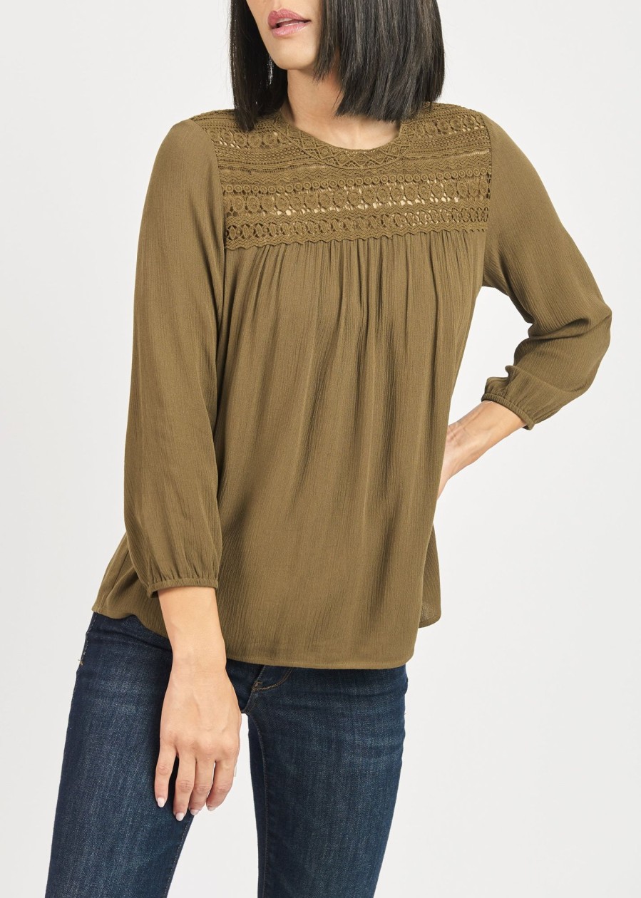 Women Daniel Rainn | Josephine 3/4 Gathered Puff Sleeve Blouse | Daniel Rainn Spanish Olive