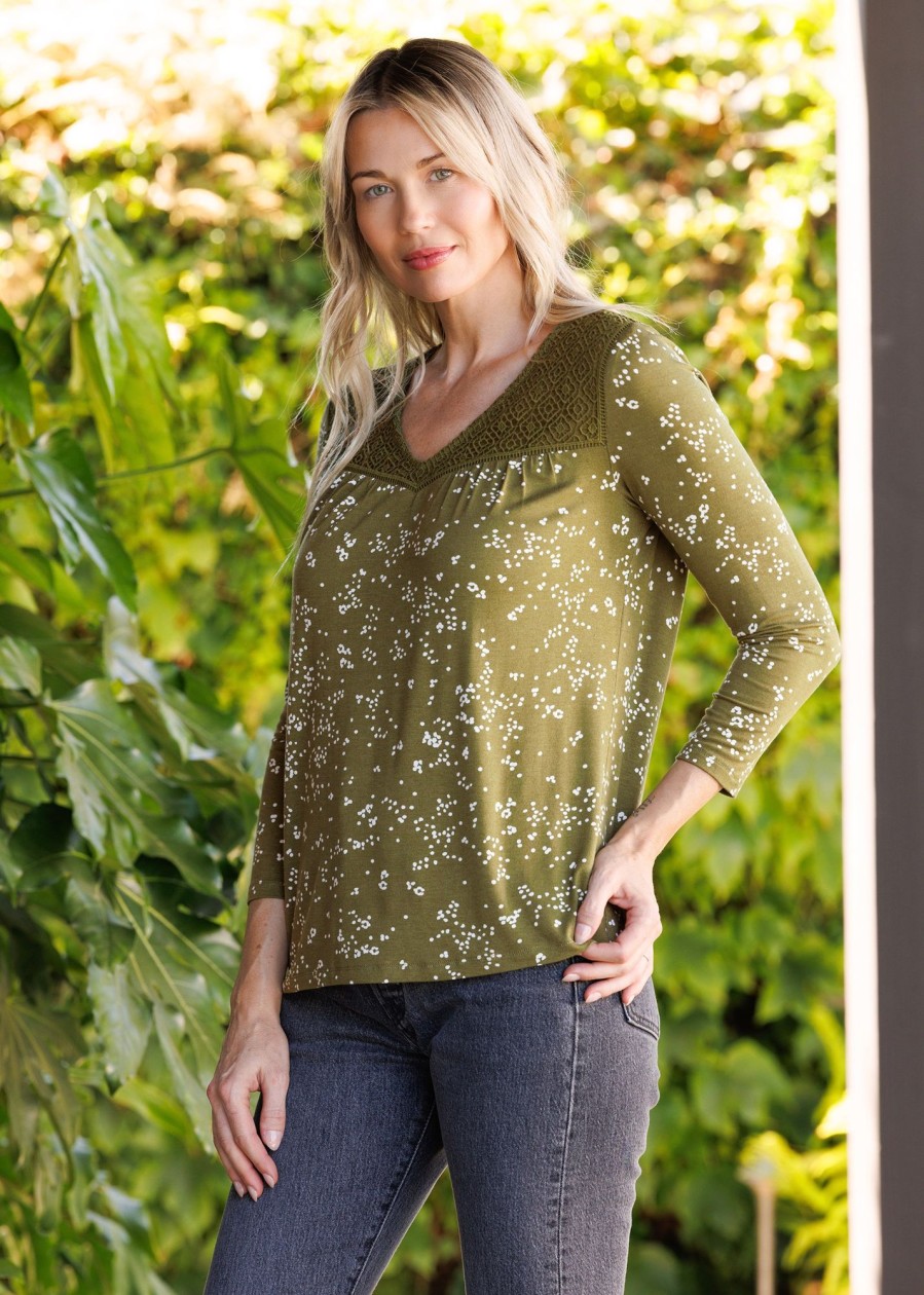 Women Daniel Rainn | Nicole Knit Top With Lace Yoke M713 Herb Green