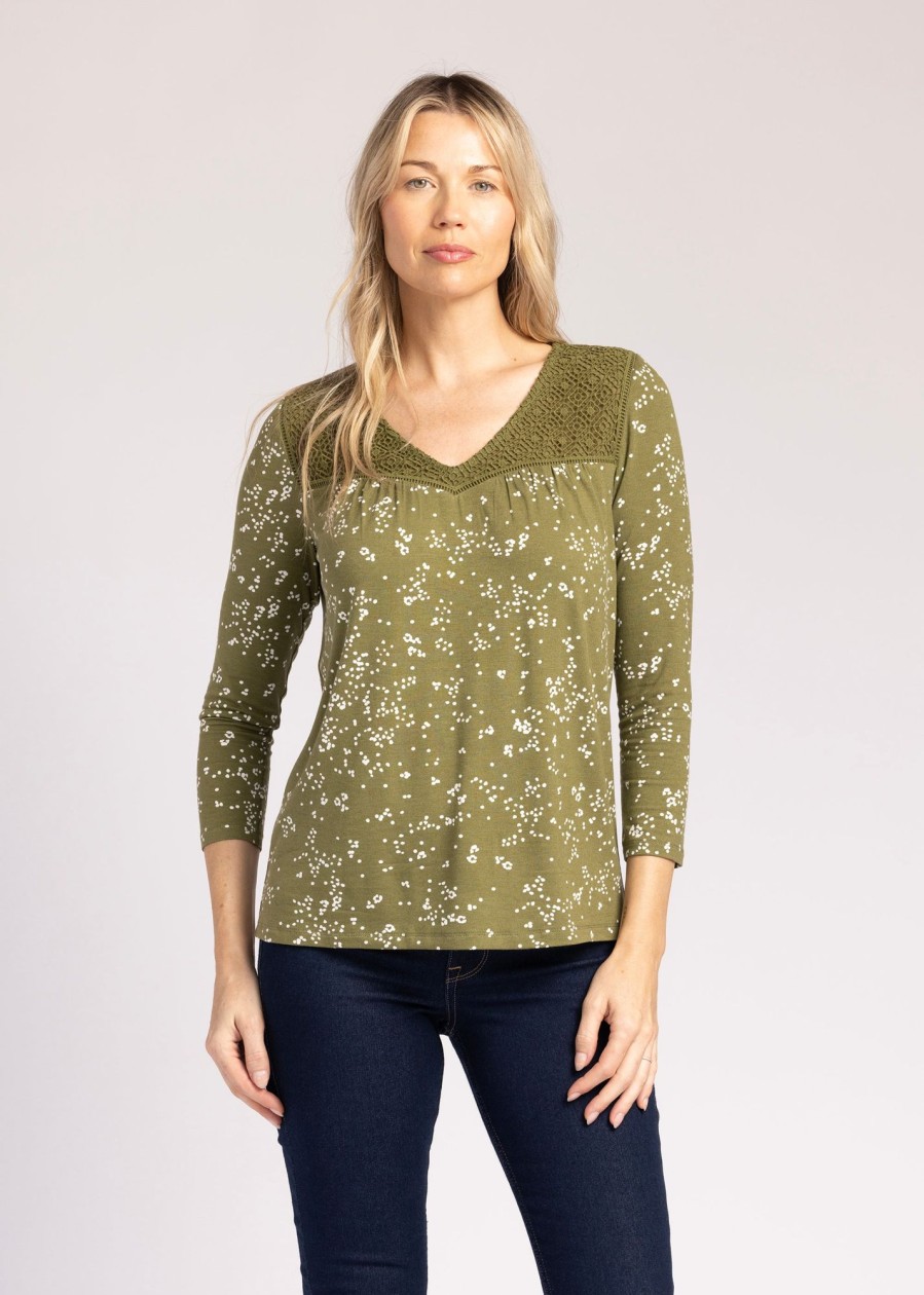 Women Daniel Rainn | Nicole Knit Top With Lace Yoke M713 Herb Green