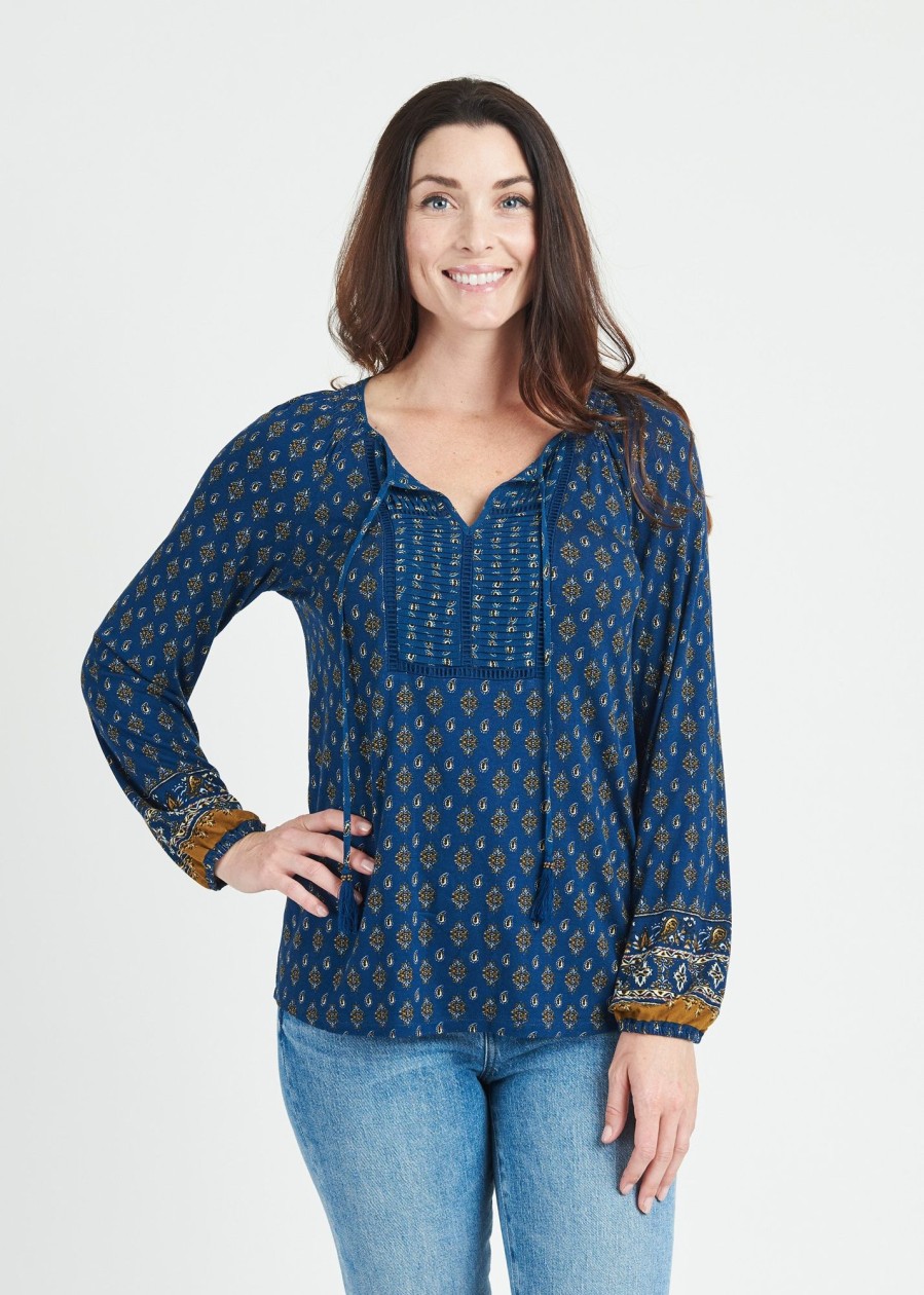 Women Daniel Rainn | June Long Sleeve Top With Split Neck And Tassels N017 Blue