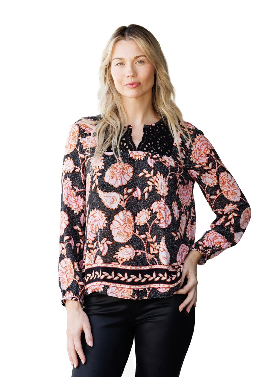 Women Daniel Rainn | Dark Floral Peasant Blouse J518 Black