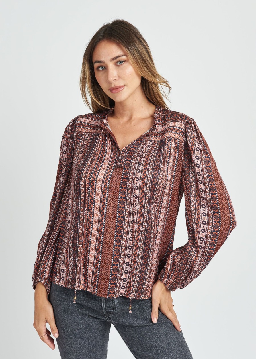 Women Daniel Rainn | Taliyah Long Sleeve Top With Split-Neck And Tassels N408 Rust