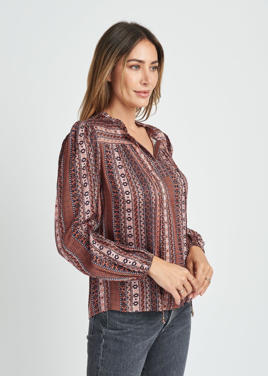 Women Daniel Rainn | Taliyah Long Sleeve Top With Split-Neck And Tassels N408 Rust