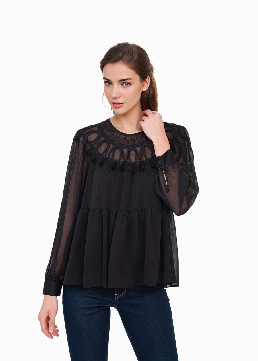 Women Daniel Rainn | Rose Semi-Sheer Top With Long Sleeves J526 Black