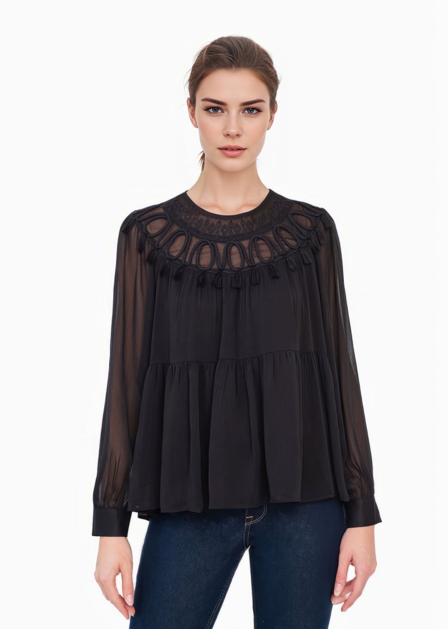 Women Daniel Rainn | Rose Semi-Sheer Top With Long Sleeves J526 Black