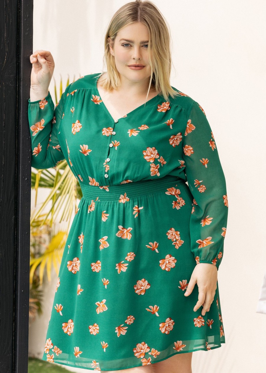 Curvy Daniel Rainn | Kayla Long Sleeve Floral Dress (Plus Size) M795 Green