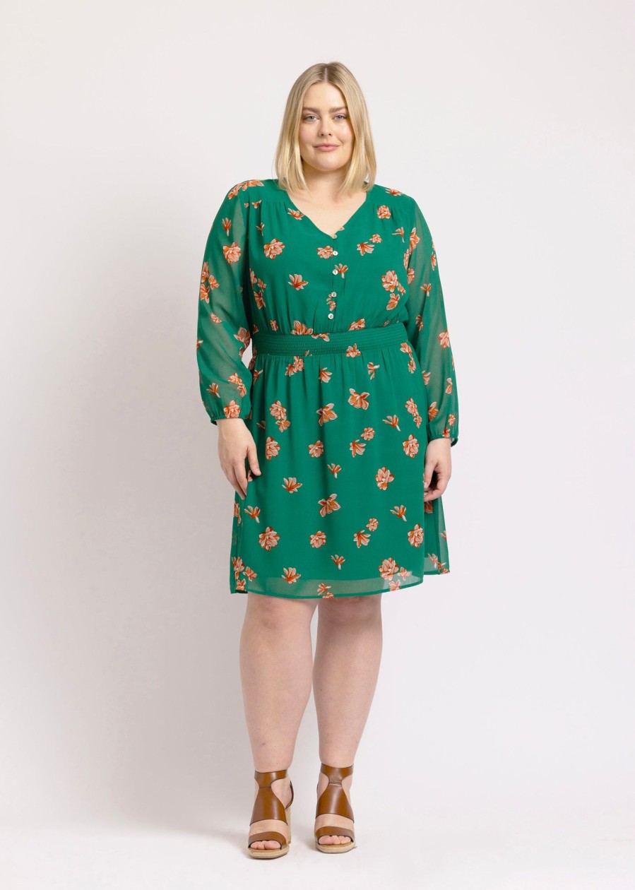 Curvy Daniel Rainn | Kayla Long Sleeve Floral Dress (Plus Size) M795 Green