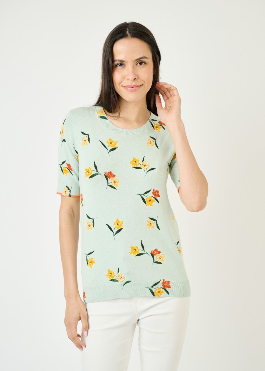 Women Daniel Rainn | Ansley Short Sleeve Floral Knit Top N599 Mint