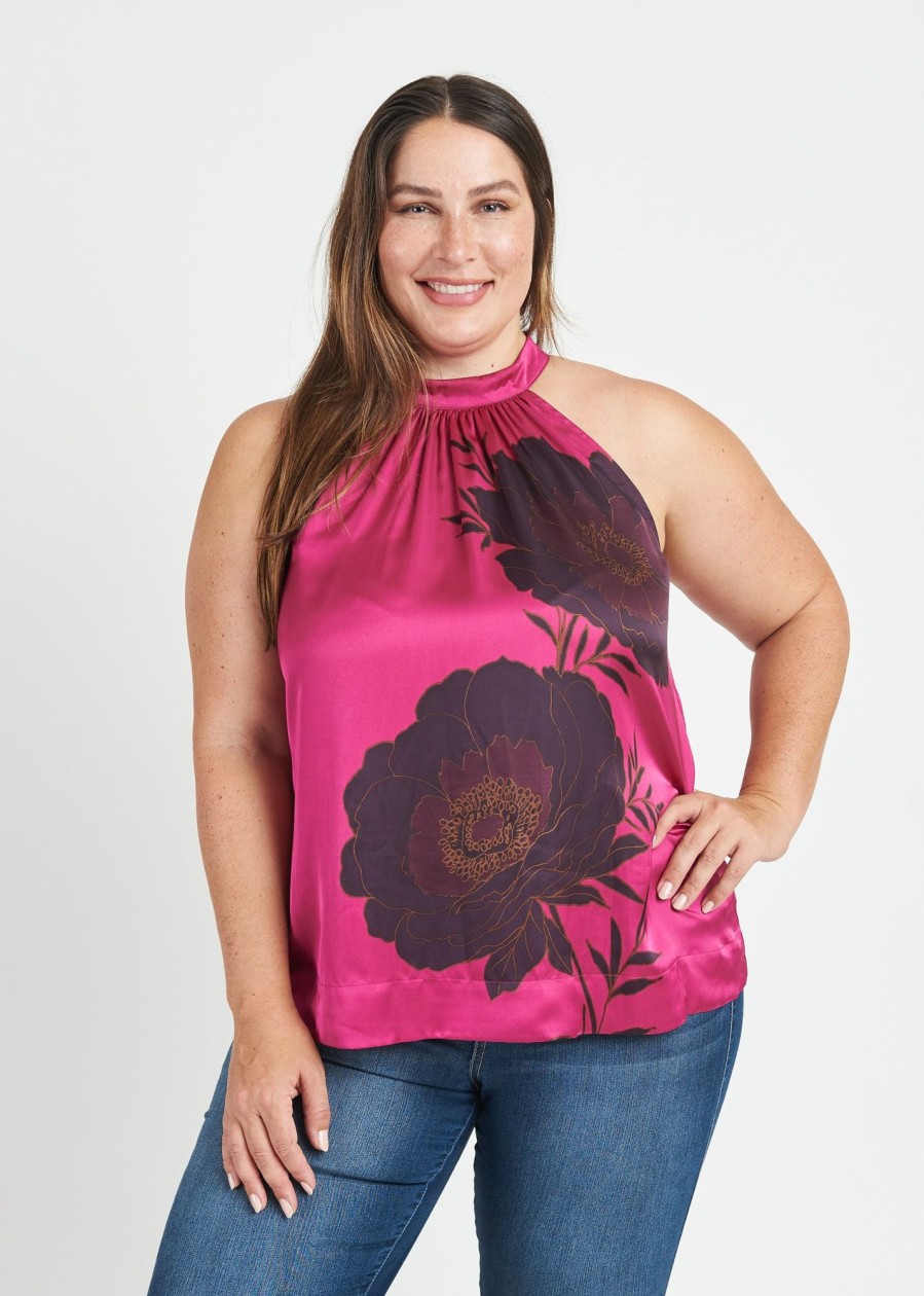 Curvy Daniel Rainn | Kaiya Floral Halter Top With Bow (Plus Size) N359 Magenta