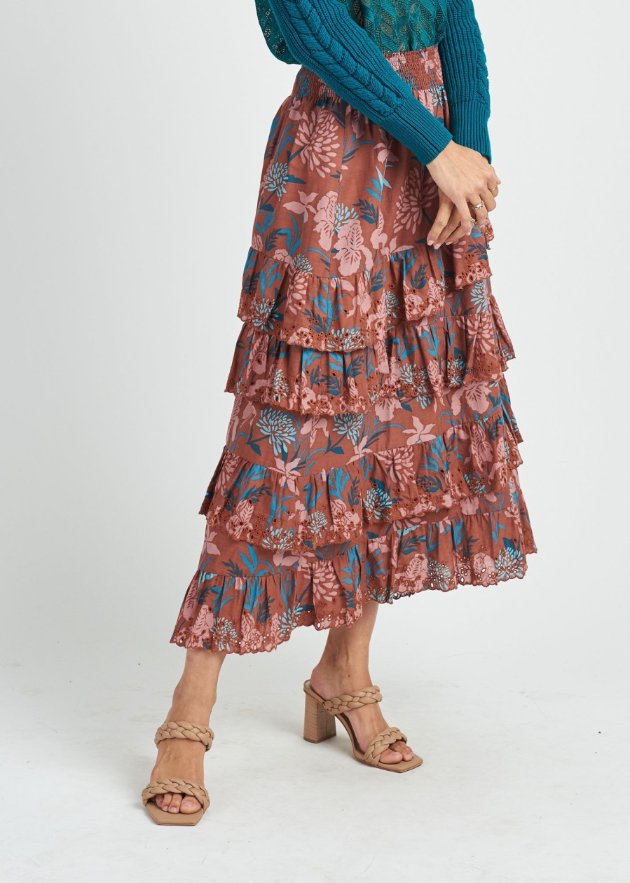 Women Daniel Rainn | Karina Floral Ruffle Tiered Skirt N041 Burnt Henna