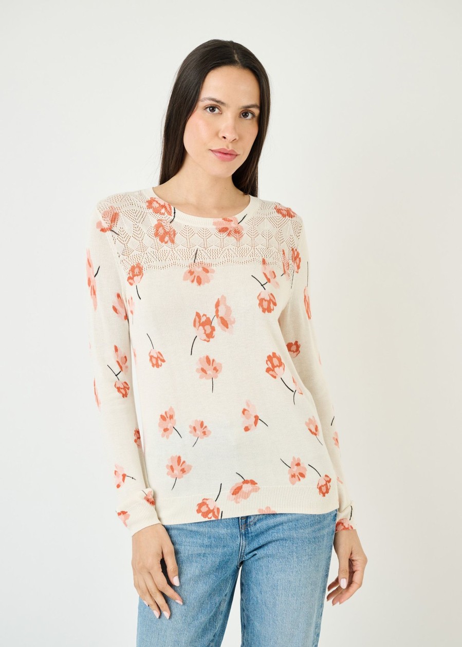 Women Daniel Rainn | Serenity Floral Sweater With Crochet Yoke M402 Ivory