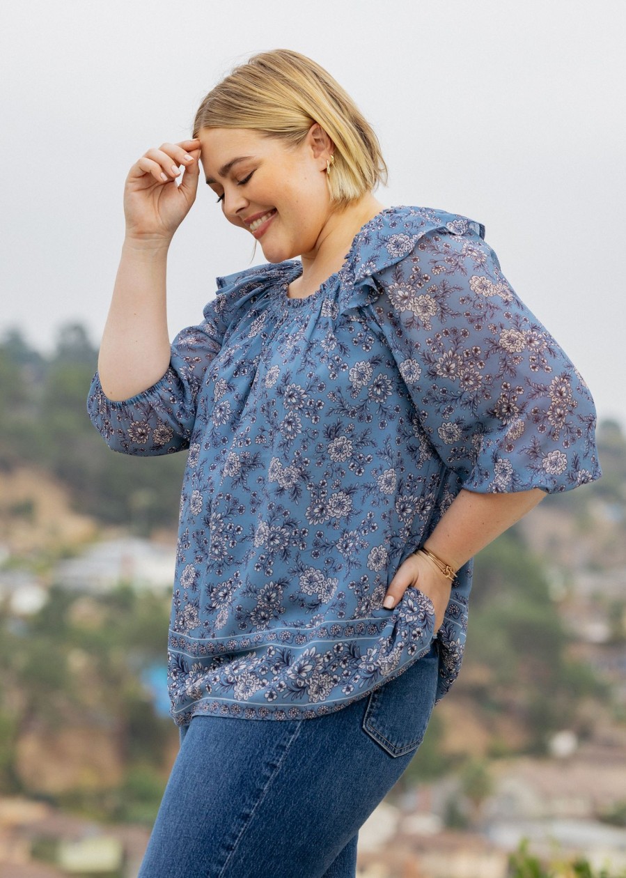 Curvy Daniel Rainn | Aila Smocked Top With Ruffles (Plus Size) M409 Blue