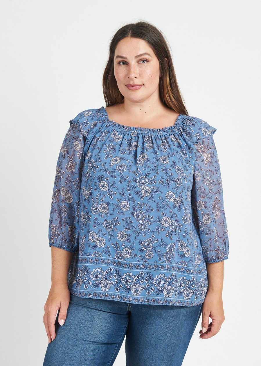 Curvy Daniel Rainn | Aila Smocked Top With Ruffles (Plus Size) M409 Blue