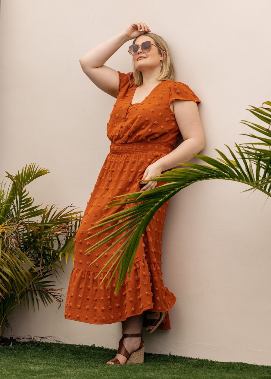 Curvy Daniel Rainn | Ellen Swiss-Dot Maxi Dress (Plus Size) O155 Rust