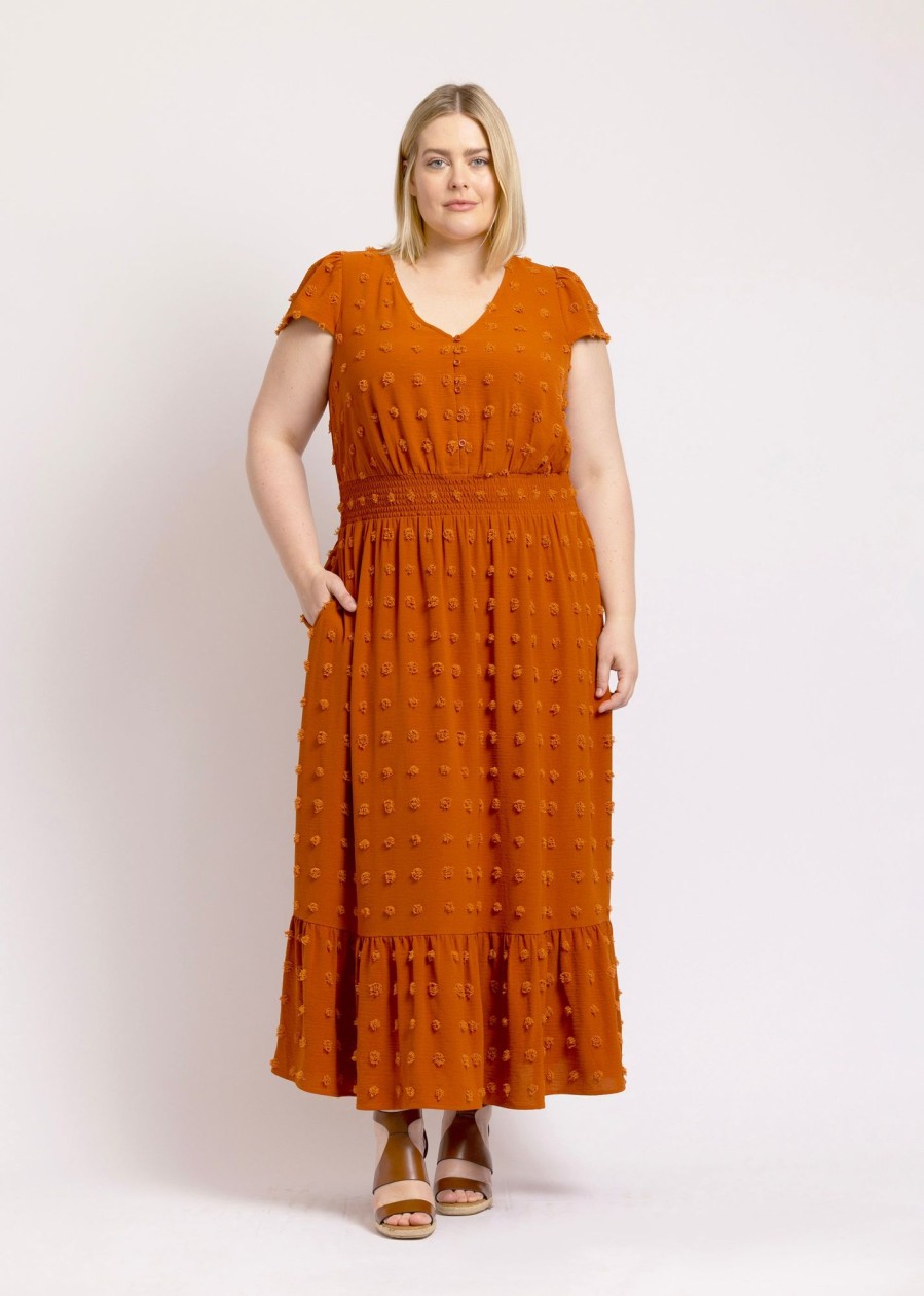 Curvy Daniel Rainn | Ellen Swiss-Dot Maxi Dress (Plus Size) O155 Rust