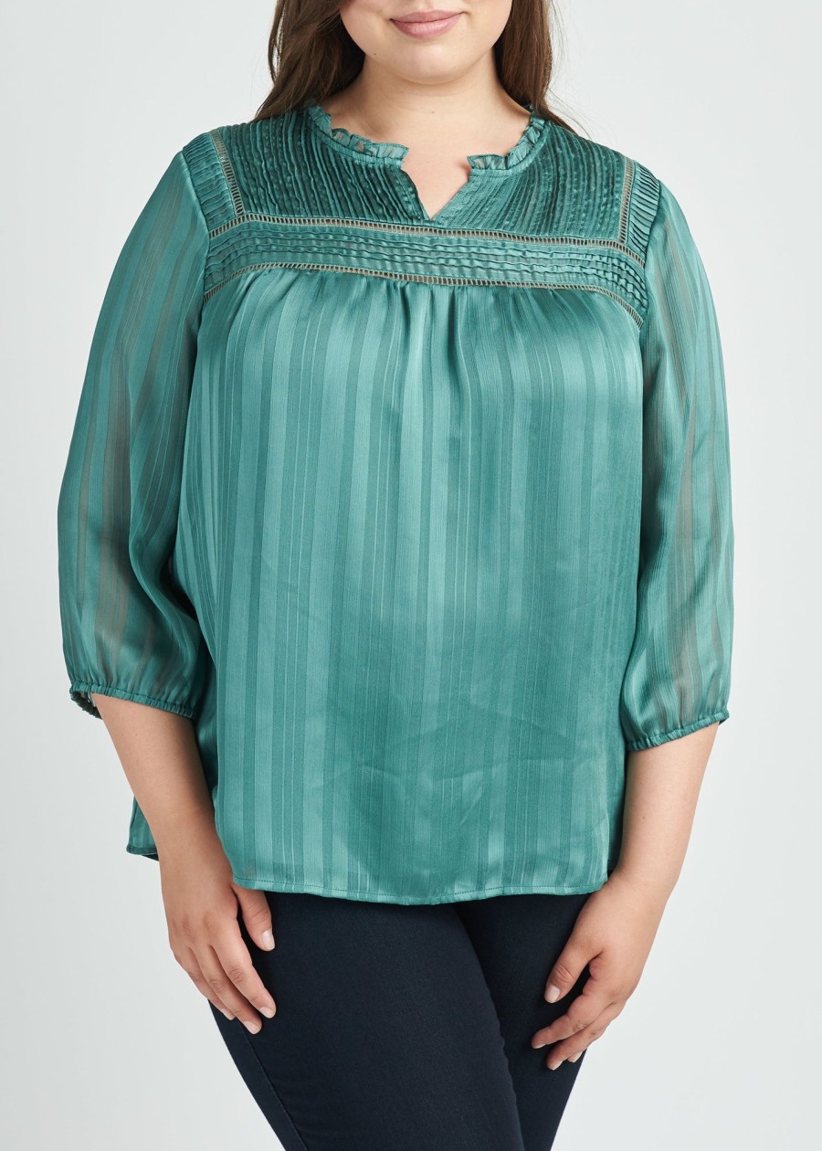 Curvy Daniel Rainn | Jaycee Pleated Long Sleeve Top (Plus Size) Sage Brush