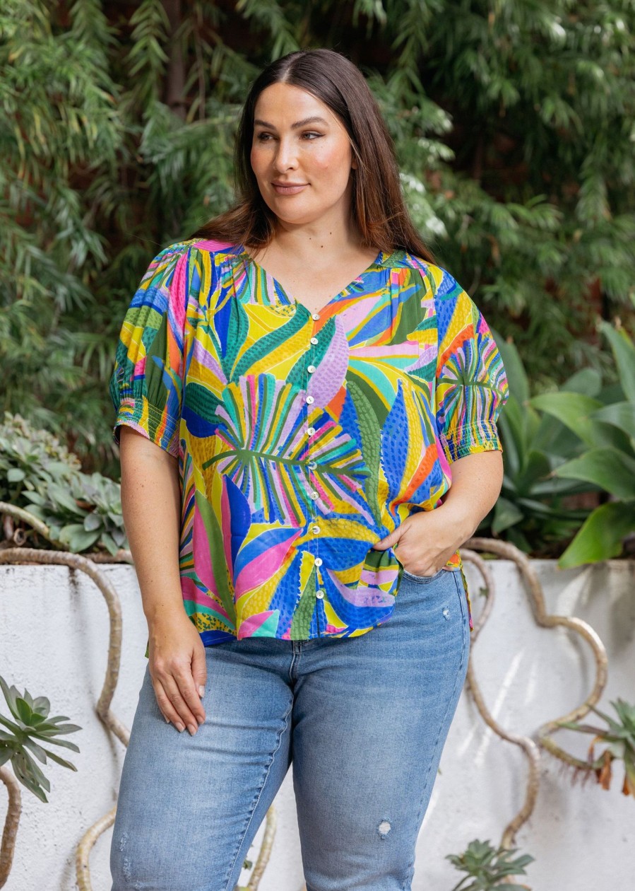 Curvy Daniel Rainn | Michaela Tropical Button-Down Top (Plus Size) N684 Multi