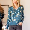 Women Daniel Rainn | Millie V-Neck Floral Sweater O395 Teal