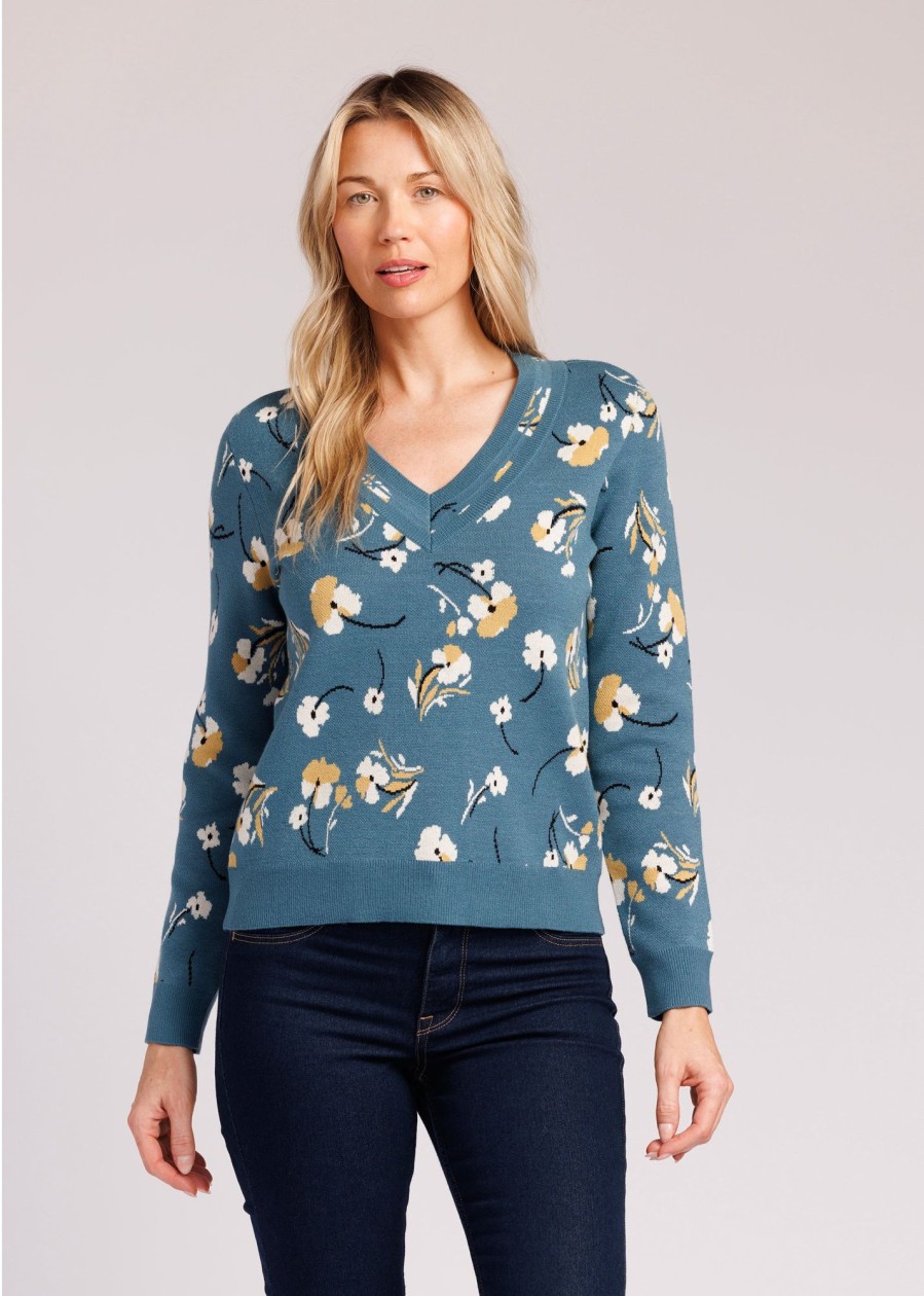 Women Daniel Rainn | Millie V-Neck Floral Sweater O395 Teal